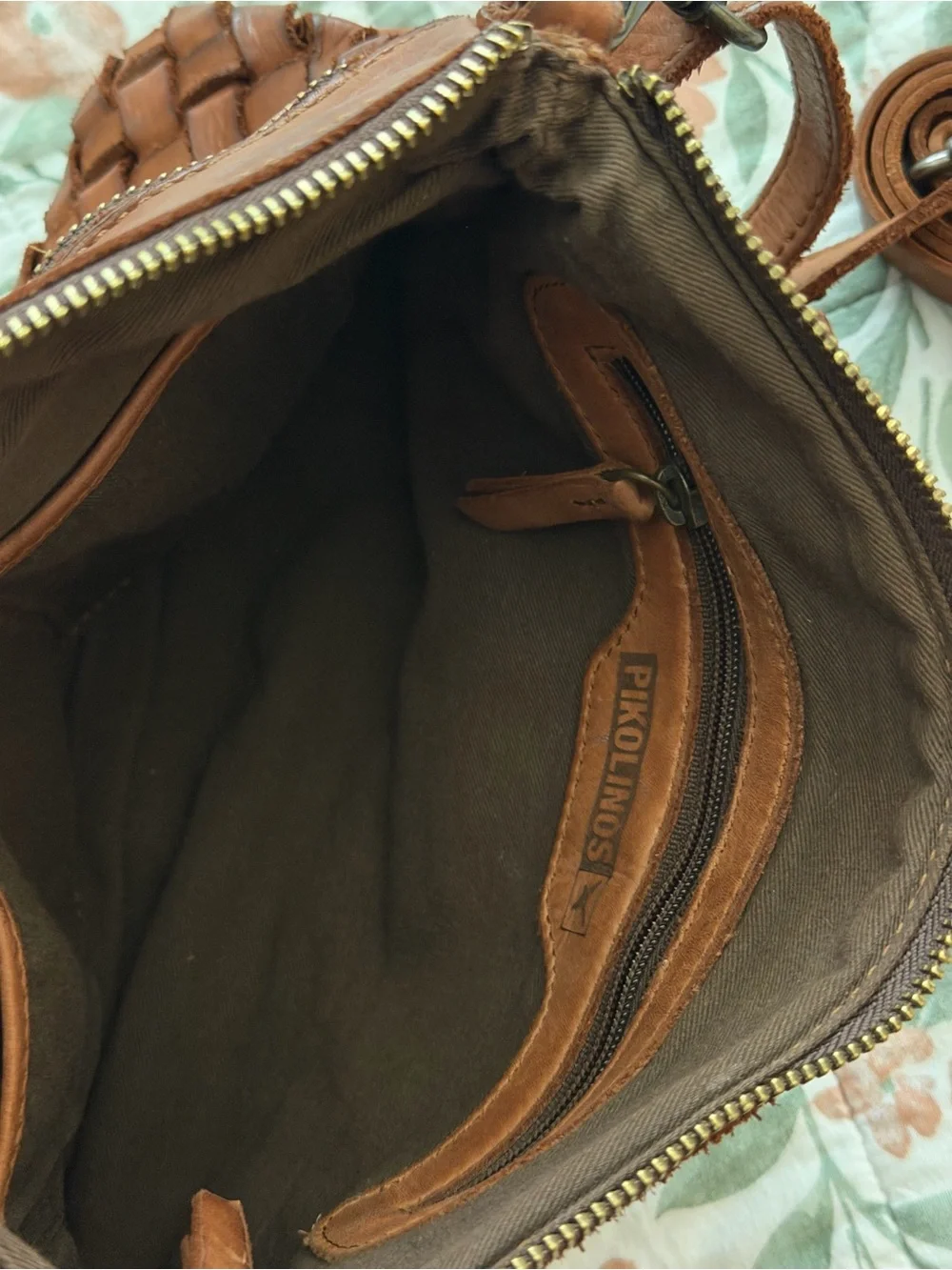 PIKOLINOS Woven Leather Crossbody Bag in Cognac Brown